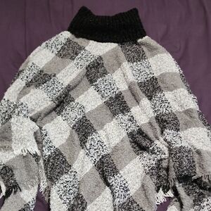 Black and Gray Checkered Women's Poncho Sweater